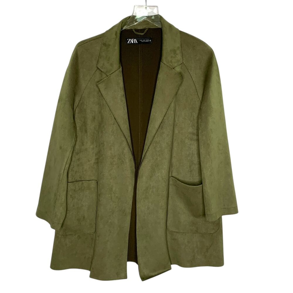 Zara S Faux Suede Mid Length Open Coat Olive Green Womens Pockets *flaw